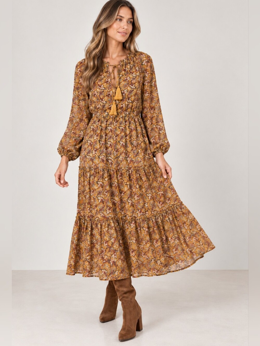 MINKPINK Tarsus Paisley Midi Maxi Dress Mustard Long Sleeve Boho Medium NWT